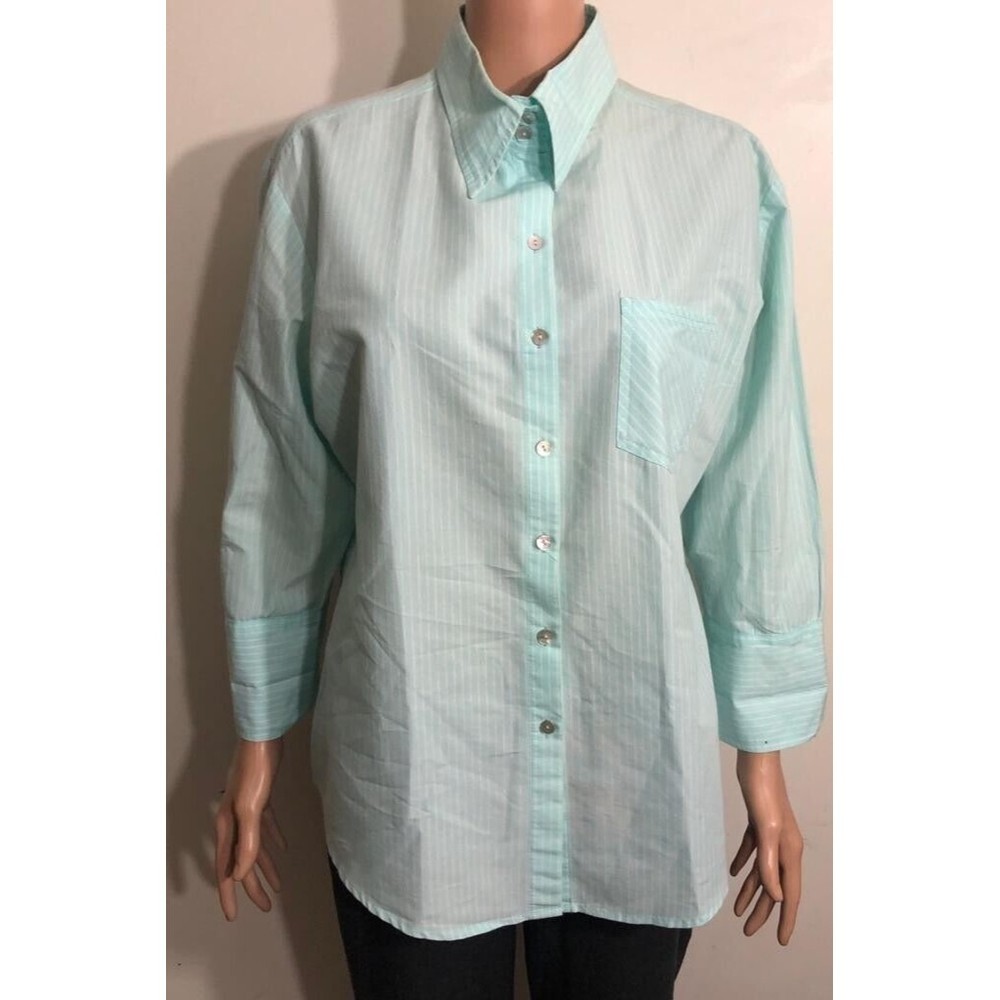Chico's Womens Green White Striped Long Sleeve Button Up Shirt Sz 2
